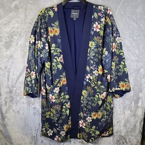 Next Outerware Kimono Cardigan M Navy Blue Floral Polyester 3/4 Sleeve